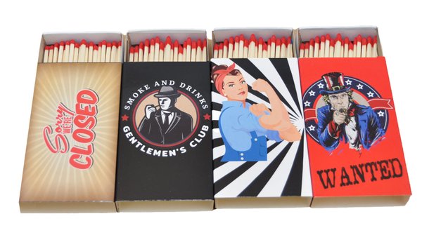 8 x 45er Schachteln Streichholzschachteln, 10cm Vintage Werbung Sturmhölzer Retro Nostalgie