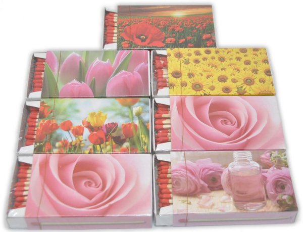 8 x XL Streichholzschachteln Blumen Motive: 50er Packungen/Rosen/Mohn/Sonnenblumen Streichhölzer